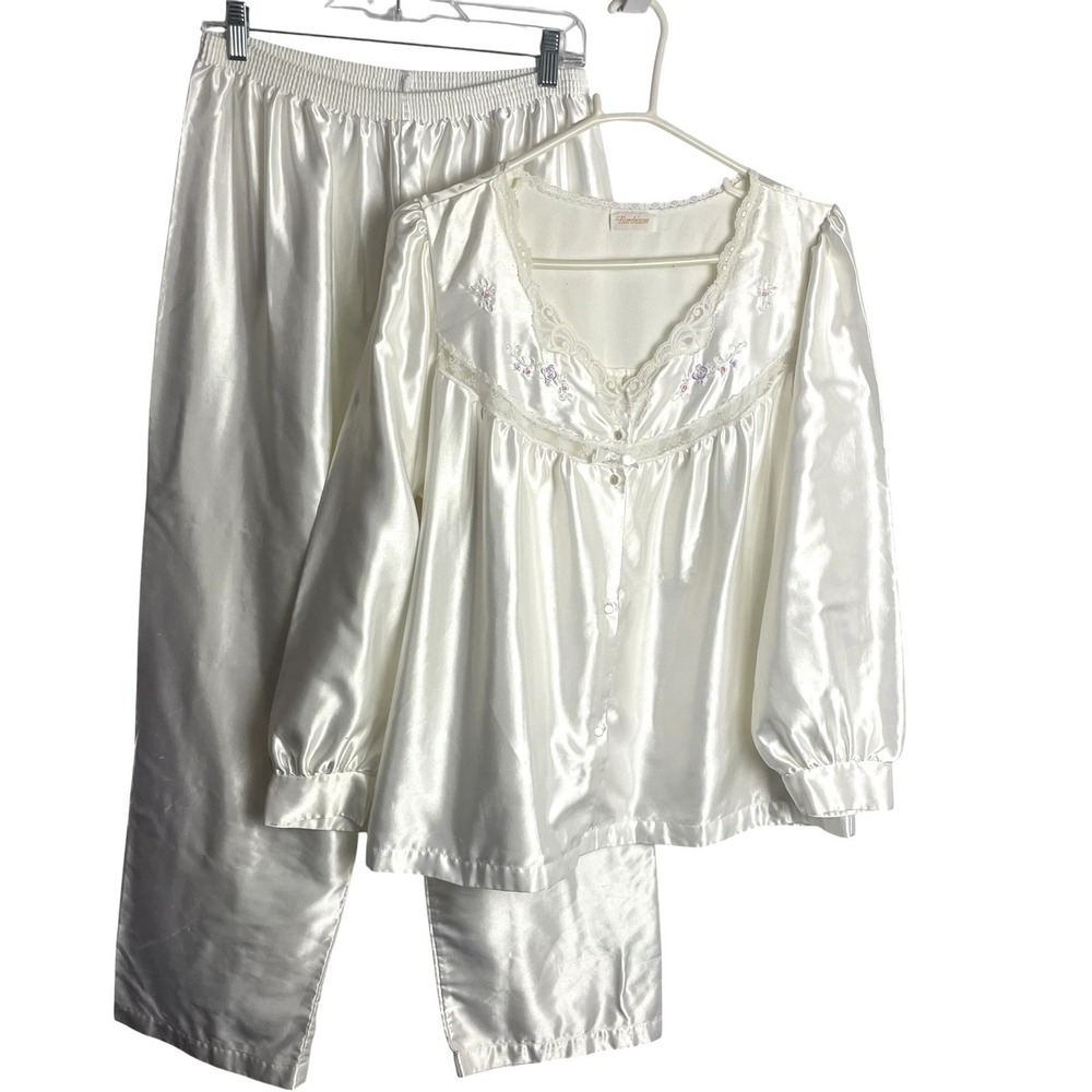 Vtg Barbizon Womens Satin Pajama Set Size XL White Embroidered Lace Top Bottoms